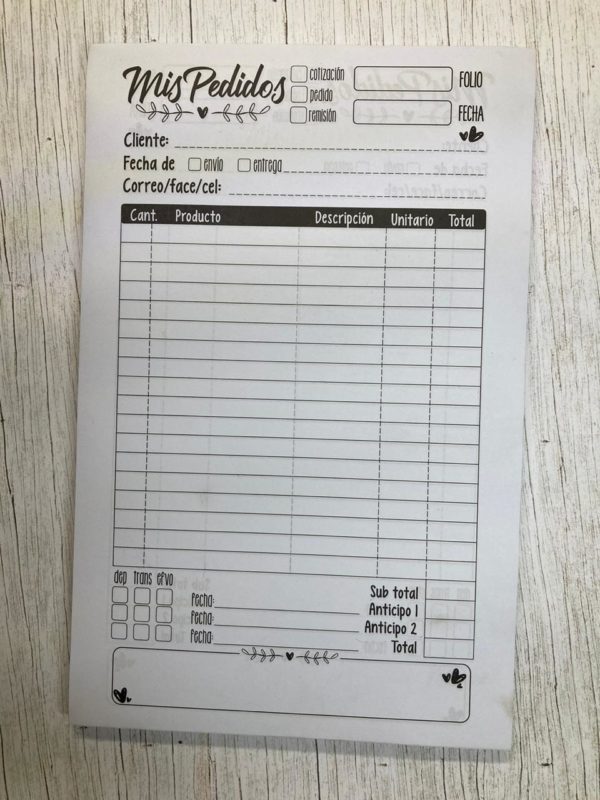 Impreso pedidos / tamaño media carta